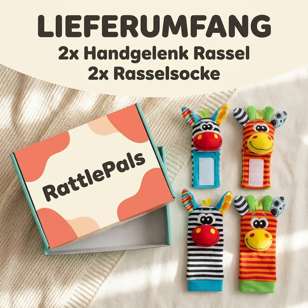 \u00d6ppen kartong med f\u00e4rgstark t\u00e4ckande design bredvid fyra randiga zebra- och giraffrassel, tv\u00e5 handledsband och tv\u00e5 sockor, p\u00e5 en f 6