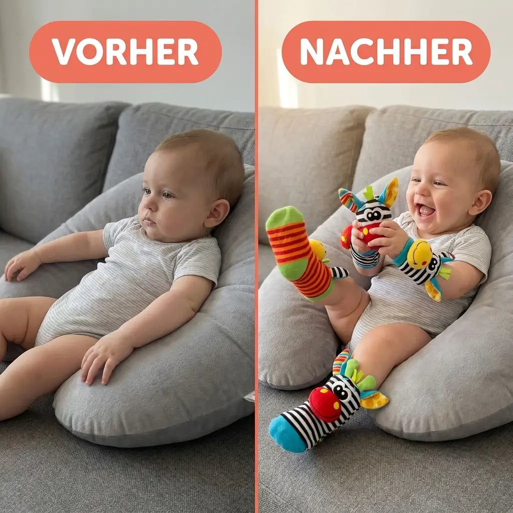J\u00e4mf\u00f6relse i tv\u00e5 delar: bebis stilla i soffan till v\u00e4nster, skrattande bebis med rassel p\u00e5 handleder och f\u00f6tter till h\u00f6ger. 4