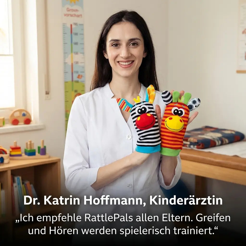 Kvinna i vit l\u00e4karrock h\u00e5ller upp ett randigt zebra- och ett orangerandigt giraffdjur, ett p\u00e5 varje hand, i ett barnrum. 2