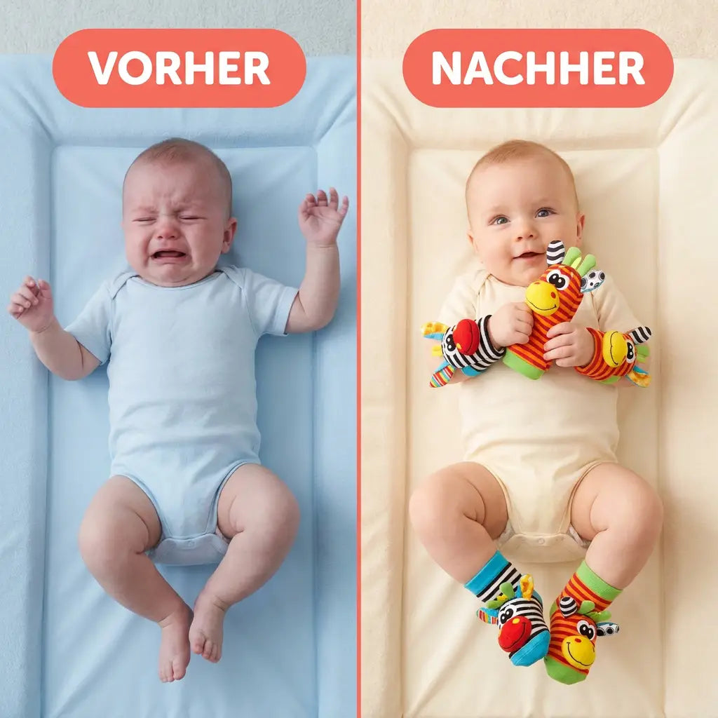 J\u00e4mf\u00f6relse i tv\u00e5 delar: gr\u00e5tande bebis p\u00e5 sk\u00f6tbord till v\u00e4nster, n\u00f6jd bebis med rassel p\u00e5 armar och f\u00f6tter til 3