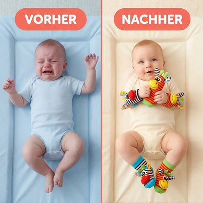 J\u00e4mf\u00f6relse i tv\u00e5 delar: gr\u00e5tande bebis p\u00e5 sk\u00f6tbord till v\u00e4nster, n\u00f6jd bebis med rassel p\u00e5 armar och f\u00f6tter til 3