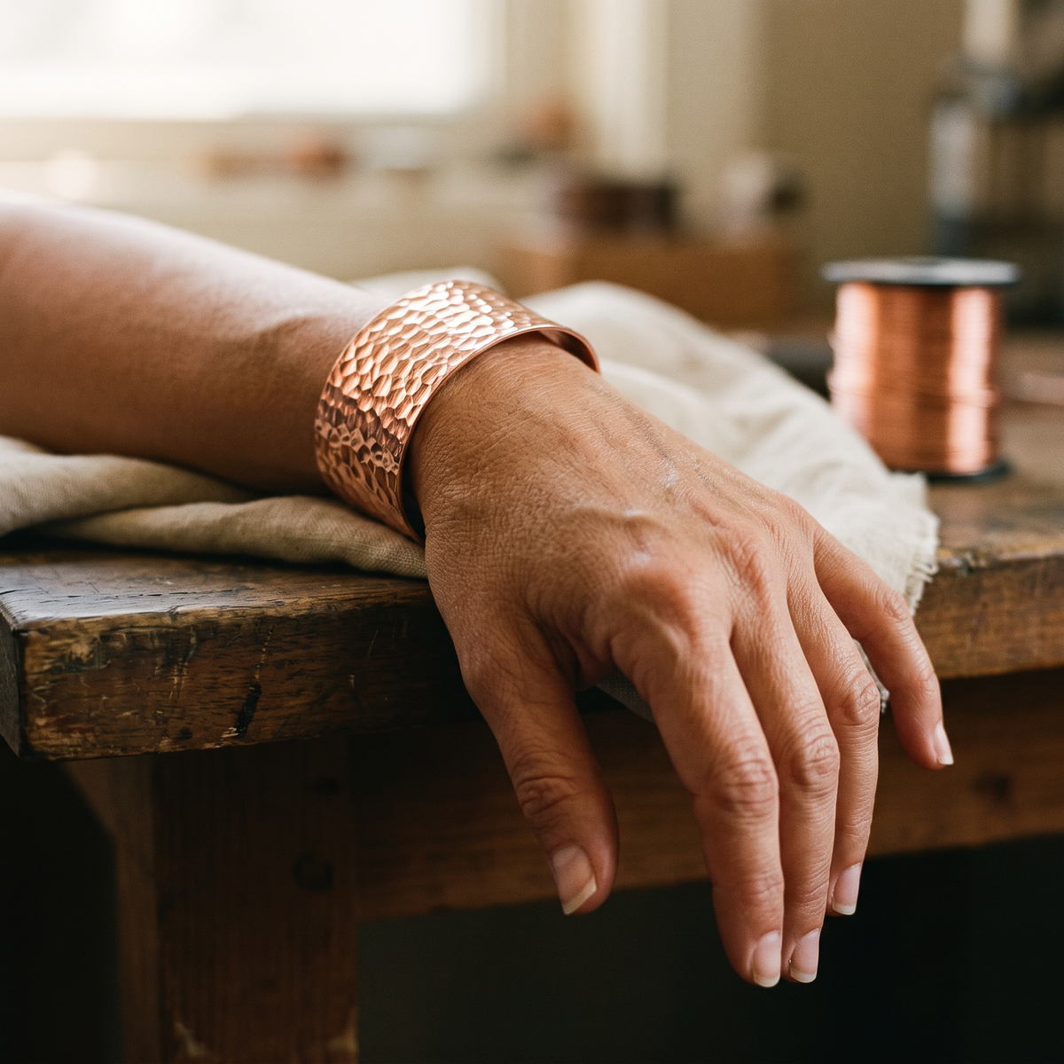 Armbandet i hamrad koppar bärs runt ett handled som vilar mot en träbänk 2