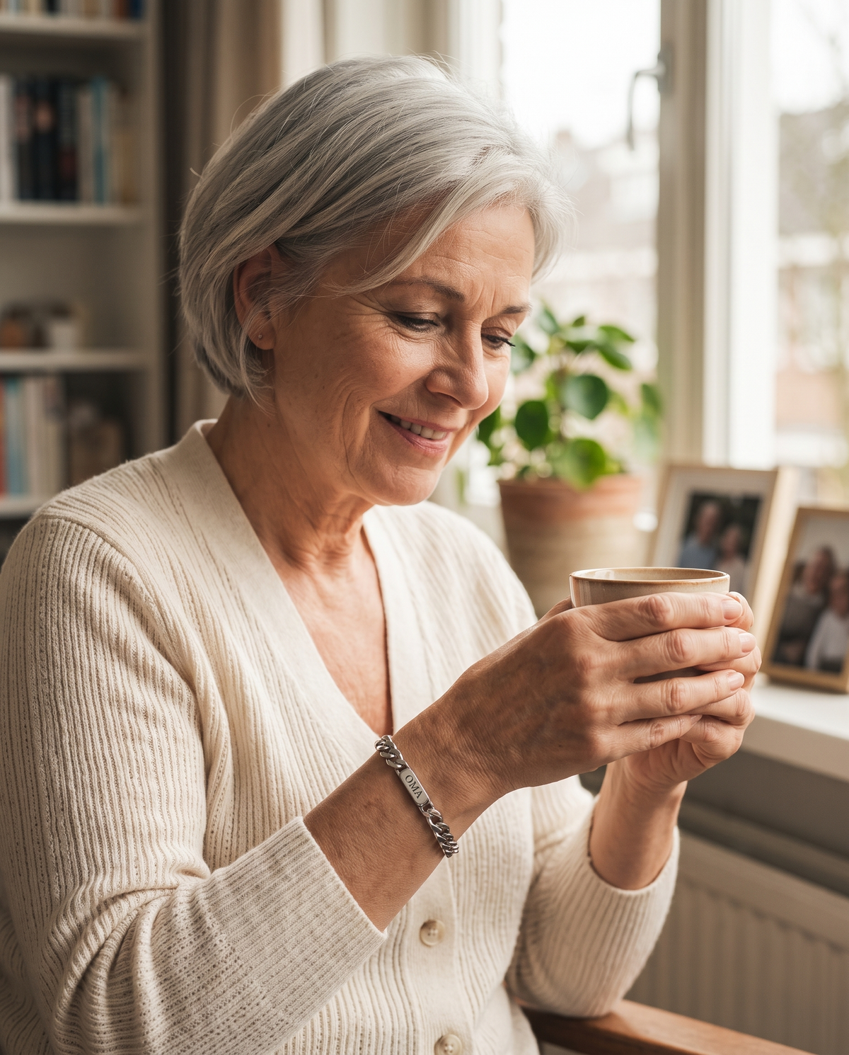 Leende äldre kvinna med grått hår och ljus kofta bär silverfärgat länkarmband med mittplatta medan hon håller en kopp vid ett fönster. 7
