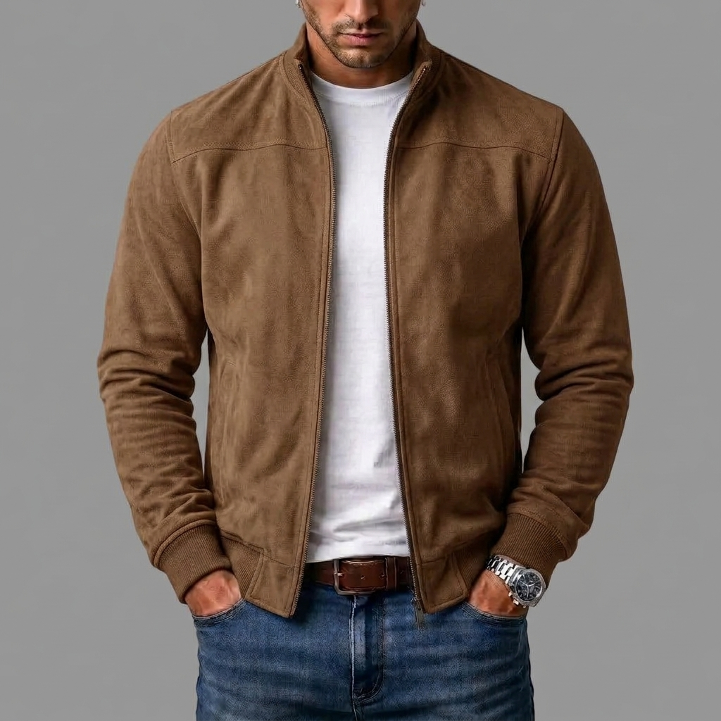 Man i brun bomberjacka i mockaliknande material med ståkrage, vit t-shirt under och jeans, händerna i fickorna. 4