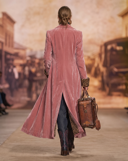 Kappan sedd bakifrån på catwalk, med rosa sammetsyta, lång slits i ryggen och leopardfoder som skymtar vid fållen. 4