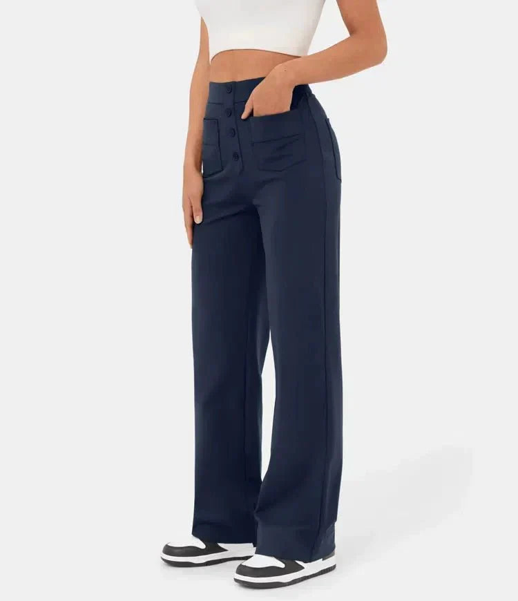 Damen High-Waist Hose, elastisch, dunkelblau, casual, modisch, bequem, Freizeitkleidung.