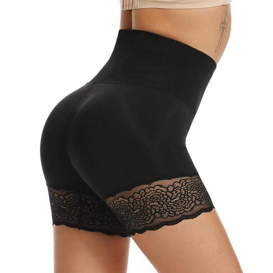 Damen High-Waist Shapewear Shorts, schwarz, Spitze, Bauchkontrolle, figurformend.