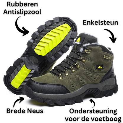 Grüner Wanderschuh mit rutschfester Sohle, breiter Zehenkappe und Fußgewölbeunterstützung.