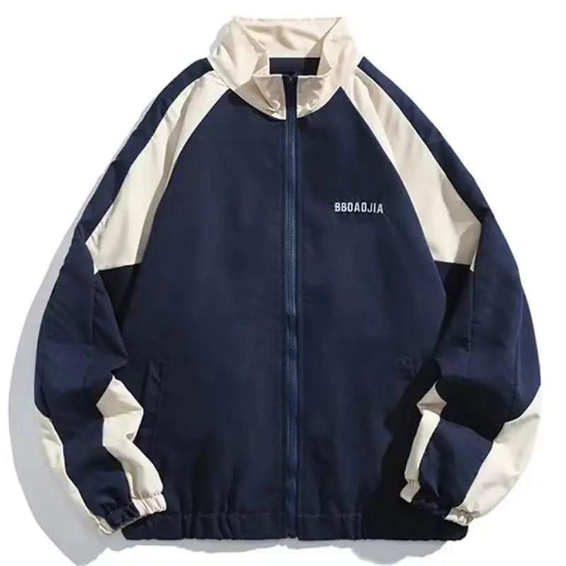 Herren Varsity Jacke, Patchwork, Colorblock, Blau und Beige, Windjacke, Frühling Herbst Mode