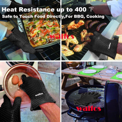 Schwarzer Silikon-Ofenhandschuh, hitzebeständig bis 400°F, ideal für Grillen und Kochen.