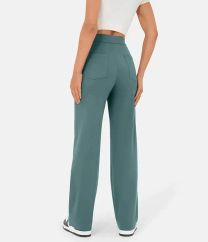 Damenhose hoch tailliert, elastisch, grün, casual, bequem, modisch, Freizeitkleidung.