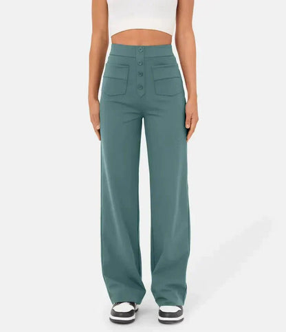 Damen High-Waist Hose, grün, elastisch, casual, mit Taschen, modisch, bequem, Freizeitkleidung.