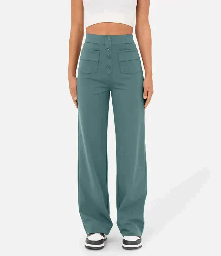 Damenhose hoch tailliert, elastisch, grün, Casual-Stil, mit Taschen, modisch, bequem.