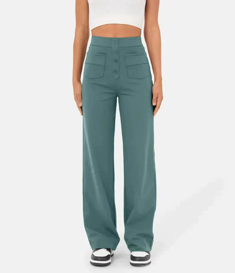 Damenhose hoch tailliert, elastisch, grün, lässig, modisch, bequem, Freizeitkleidung.