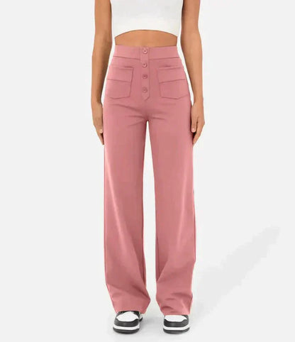 Damenhose hoch tailliert rosa, elastisch, casual, mit Knöpfen, Taschen, modisch, bequem.