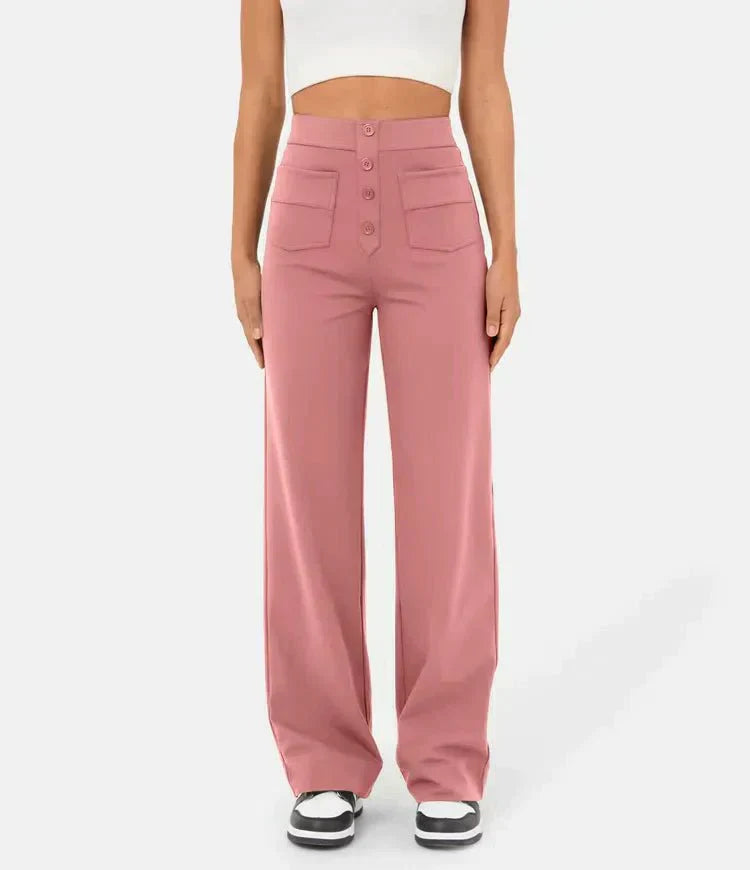 Damenhose hoch tailliert rosa, elastisch, lässig, mit Knöpfen, ideal für Freizeitmode.