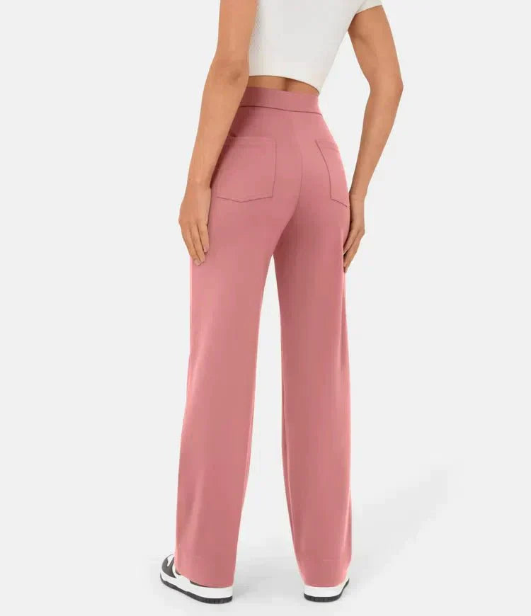 Damenhose hoch tailliert, rosa, elastisch, casual, bequem, modisch, Freizeitkleidung.