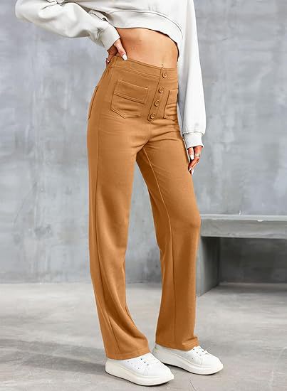 Damenhose hoch tailliert, elastisch, beige, lässig, mit Knöpfen, modisch, bequem.