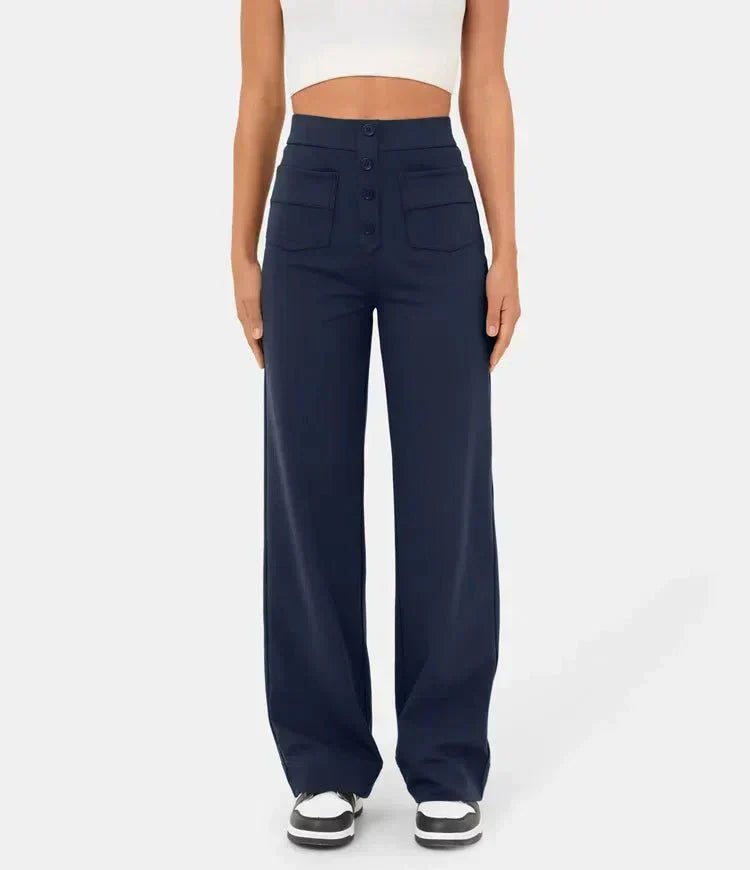 Damen High-Waist Hose, elastisch, dunkelblau, casual, modisch, bequem, Freizeitkleidung.
