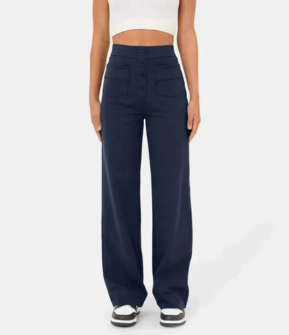 Damen High-Waist Hose, elastisch, dunkelblau, casual, modisch, bequem, Freizeitkleidung.