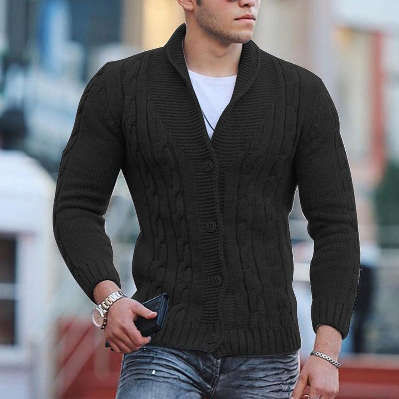 Mann in schwarzem Strickpullover, modisch, Herbst-Winter, Freizeitkleidung, Herrenmode.