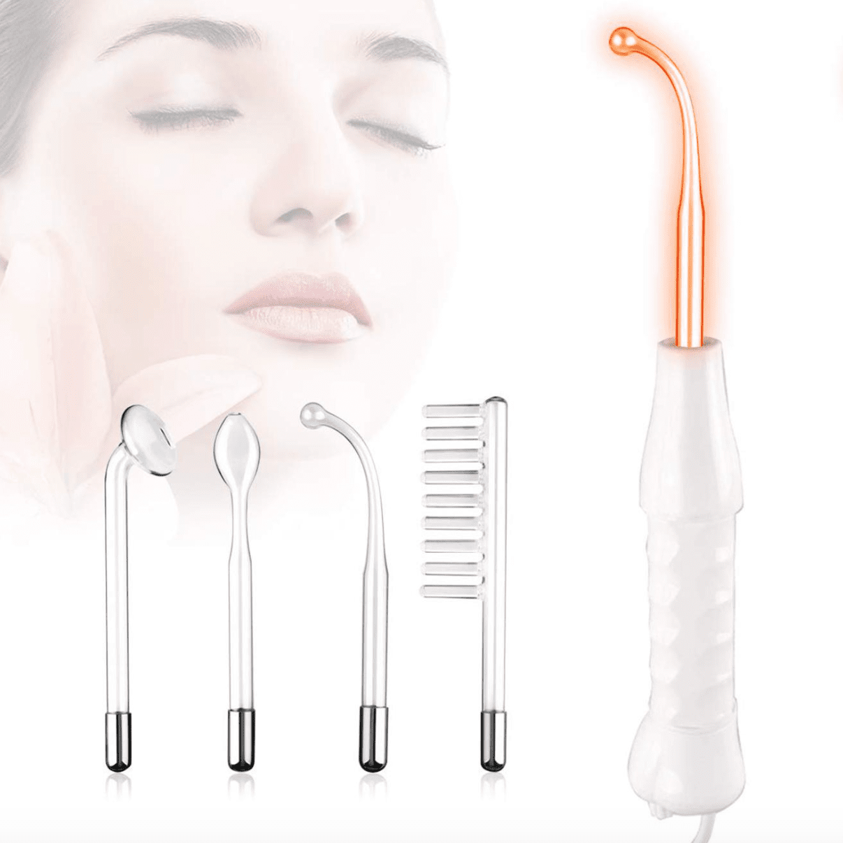 Hochfrequenzgerät mit Elektrodenaufsätzen, Gesichtspflege, Anti-Aging, Hautstraffung, Weiß.