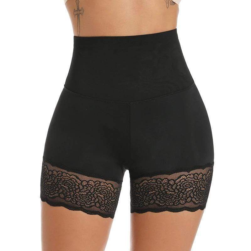 Schwarze, hoch taillierte Shapewear-Shorts mit Spitze für Damen, figurformend, bequem.
