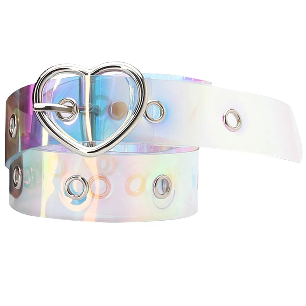 Transparenter holografischer Gürtel mit Herzschnalle, modisches Accessoire, Unisex.