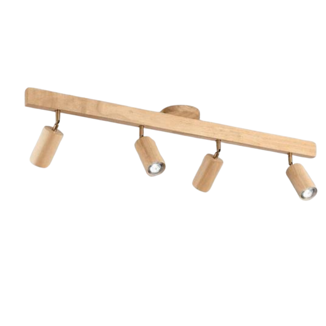 Holz-Deckenleuchte mit vier verstellbaren LED-Spots, modernes Design, energiesparend.