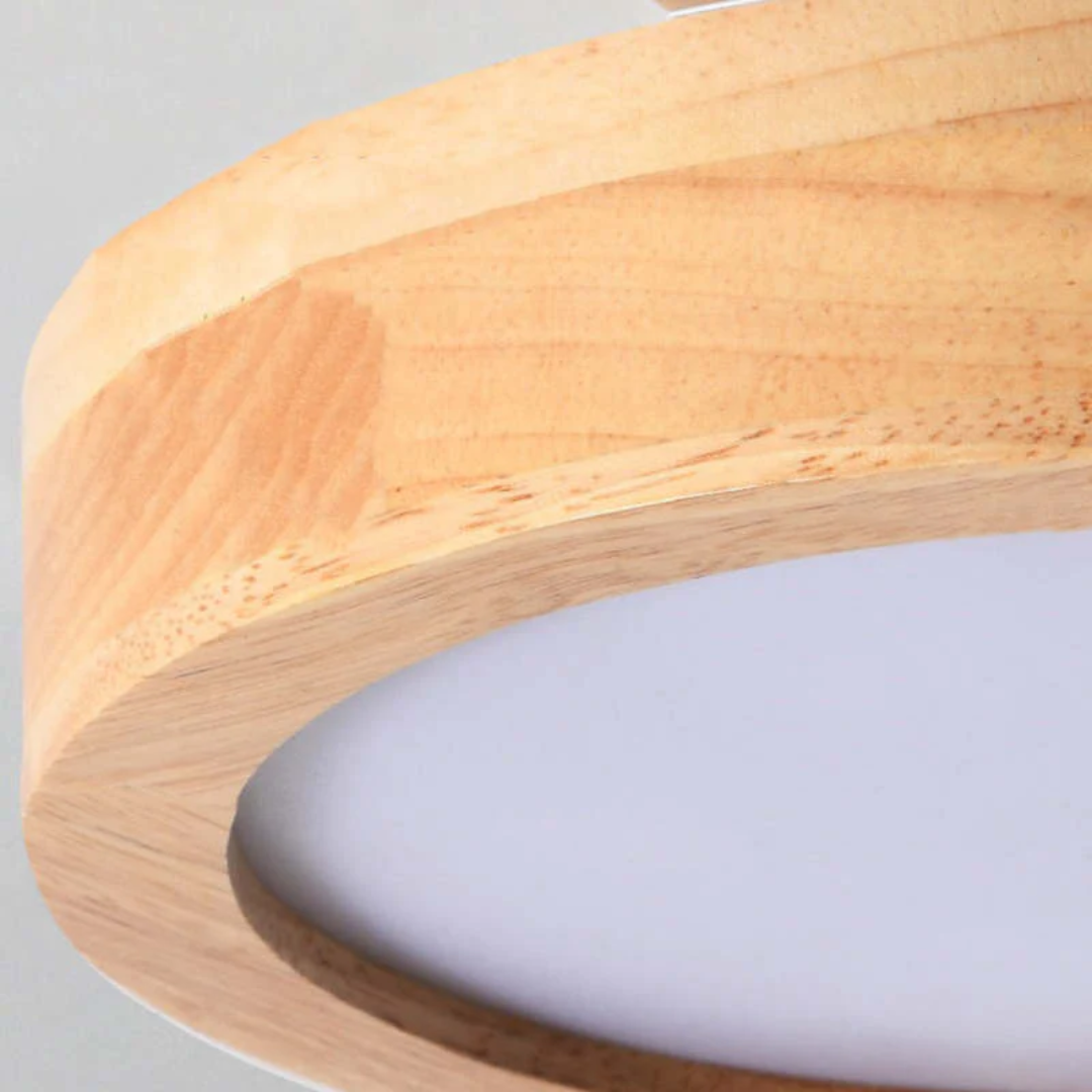 Runde Deckenleuchte Holz LED modern, energiesparend, warmweiß, skandinavisches Design.