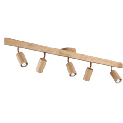 Holz-Deckenleuchte mit fünf verstellbaren Spots, modernes Design, LED-kompatibel.