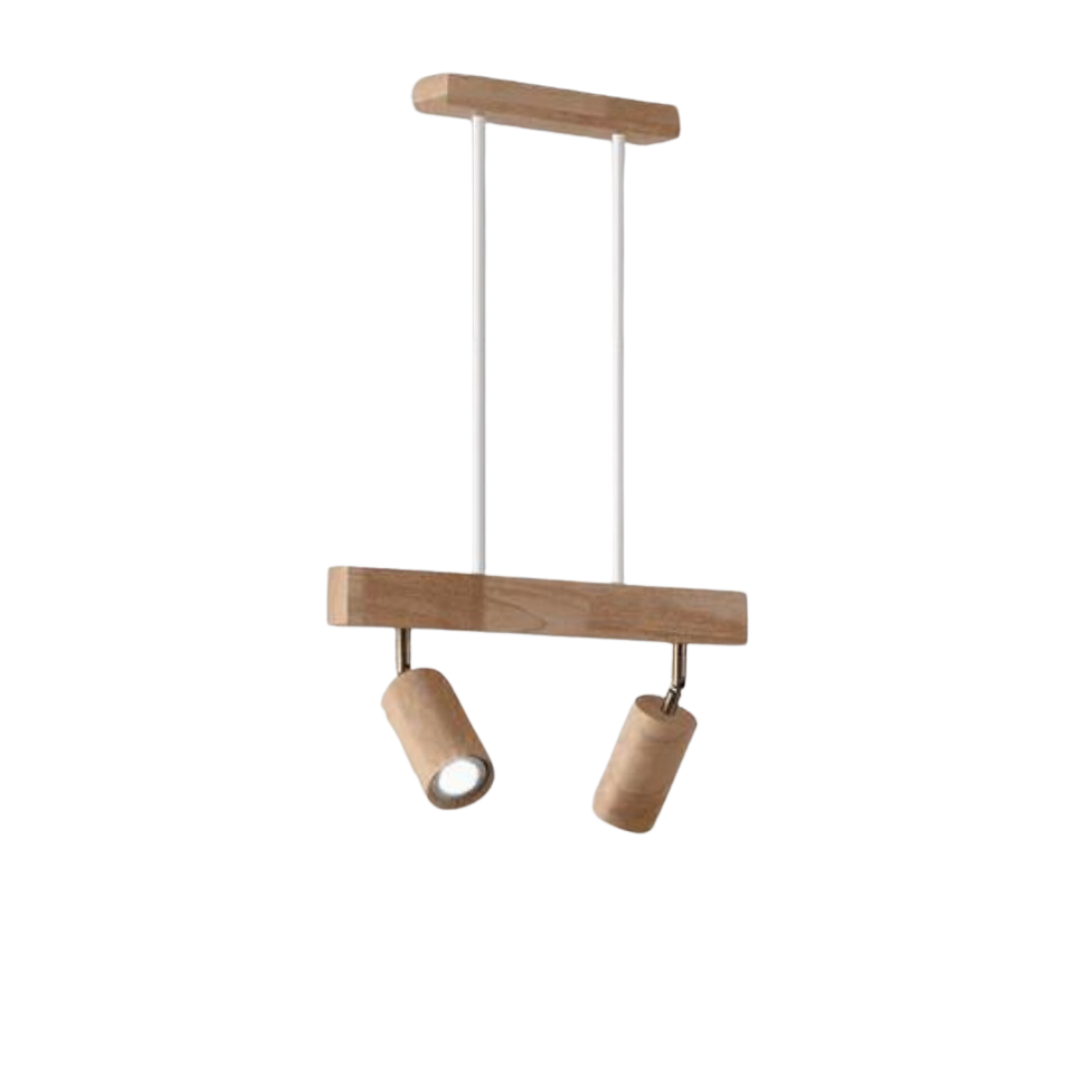Moderne Holz-Pendelleuchte mit zwei verstellbaren Strahlern, skandinavisches Design.