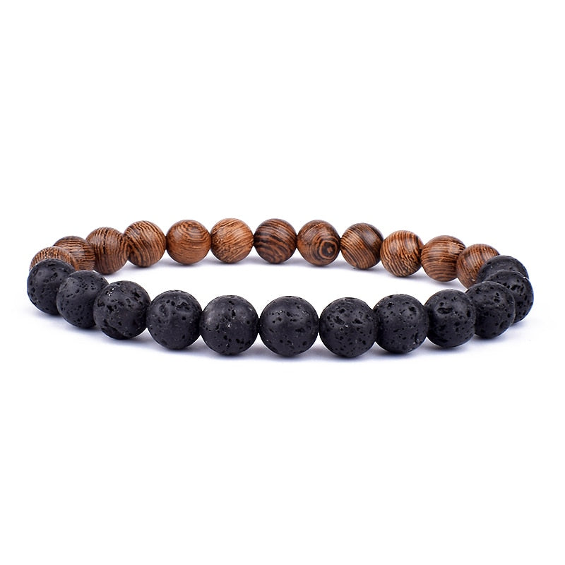 Armband aus Lavastein und Holzperlen, schwarz-braun, elastisch, Unisex-Schmuck, Naturmaterialien.