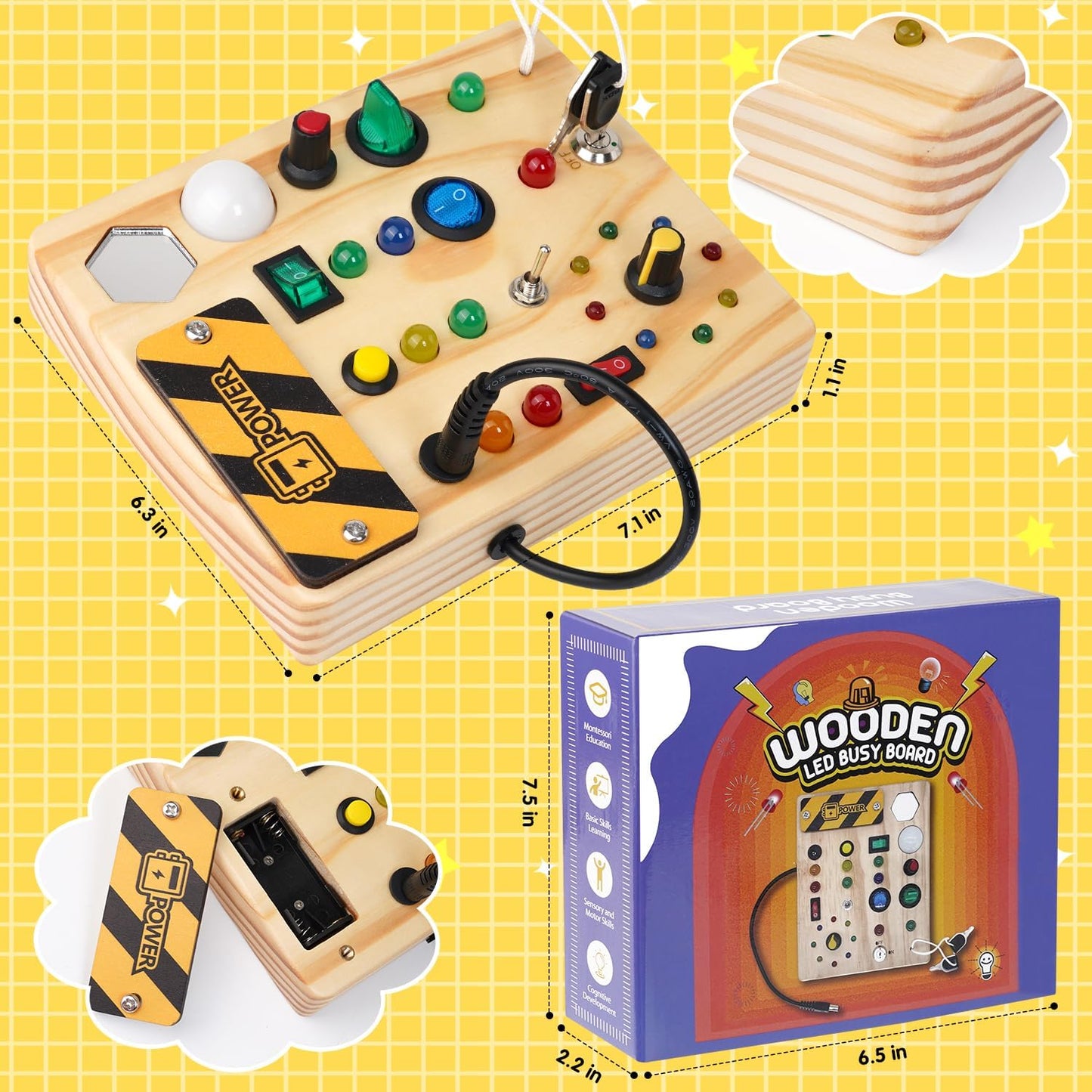 Holz Busy Board mit LED, Schalter, Knöpfen, Lernspielzeug für Kinder, Montessori inspiriert.