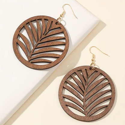 Runde Ohrringe aus Holz mit Blattmuster, handgefertigt, modisch, Damen-Accessoire.