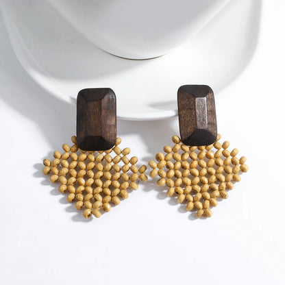 Holzohrringe mit gelben Perlen, geometrisches Design, handgefertigt, modisch, Damenaccessoire.