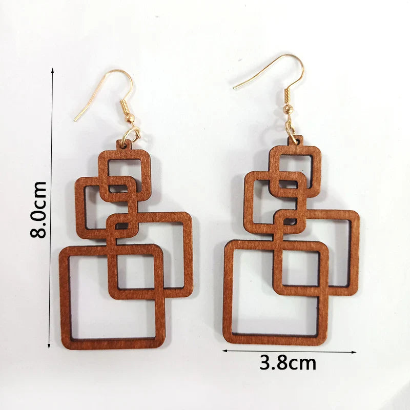Holzohrringe geometrisch, quadratisch, 8cm, braun, handgefertigt, Modeschmuck, Damenaccessoire