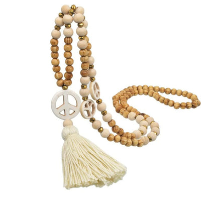 Holzperlenkette mit Quaste und Friedenszeichen, Boho-Stil, beige und braun, handgefertigt.
