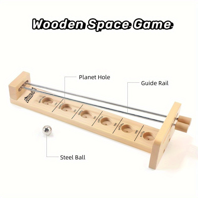 Holz-Weltraumspiel mit Stahlkugel, Führungsstange und Planetenlöchern, Lernspielzeug.