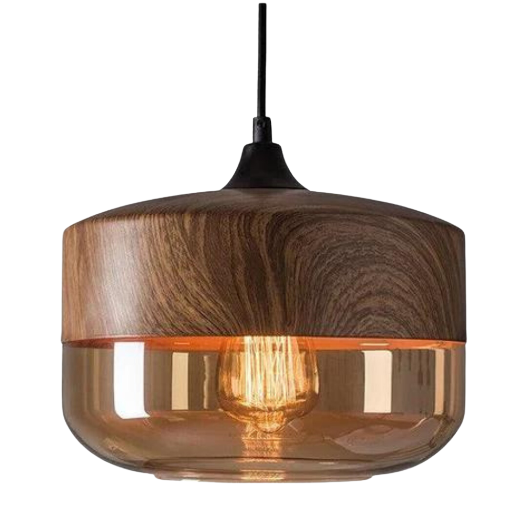 Moderne Hängelampe aus Holz und Glas, warmes Licht, ideal für Wohnzimmer oder Esszimmer.