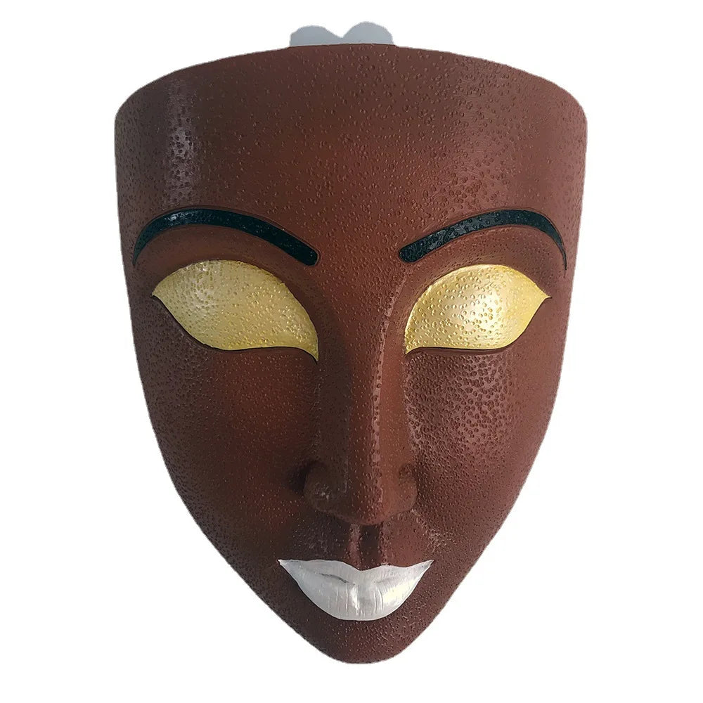 Braune afrikanische Maske aus Holz mit goldenen Augen und weißen Lippen, Wanddekoration.