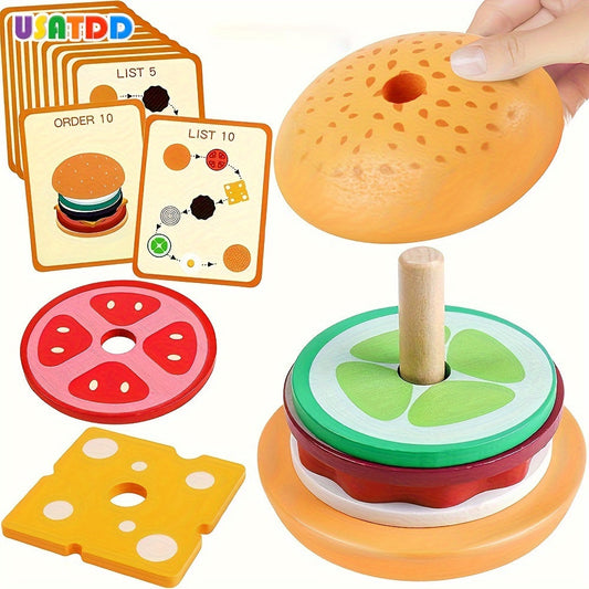 Holzspielzeug Burger Set, stapelbare Lebensmittel, pädagogisches Spielzeug für Kinder, bunt