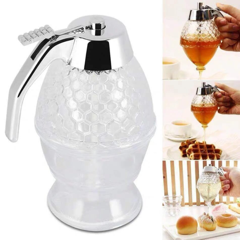 Honigspender aus Glas mit Chromdeckel, ideal für Frühstück, Waffeln, Brötchen.