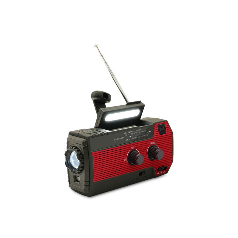 Rotes tragbares Notfallradio mit Taschenlampe, Solarpanel und Handkurbel, ideal für Outdoor.
