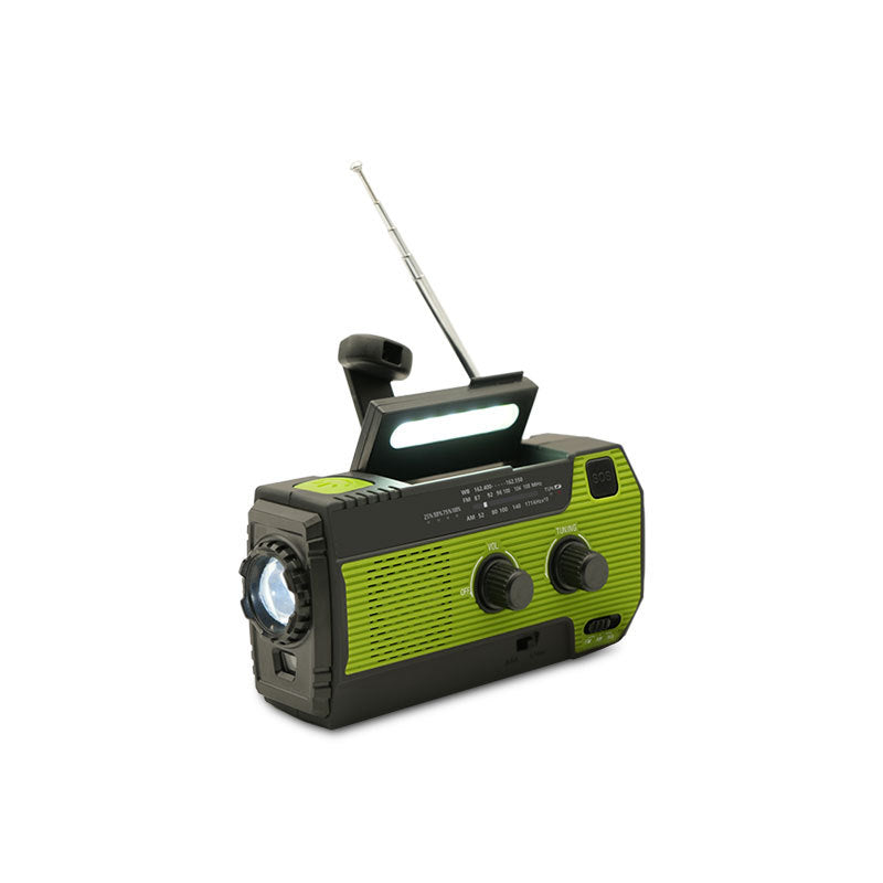 Tragbares Notfallradio mit LED-Taschenlampe, grün-schwarz, Kurbel, Solarpanel, USB-Ladefunktion.