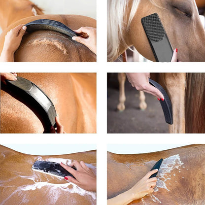 Pferdebürste schwarz, ergonomisch, für Fellpflege, Pferdepflege, sanfte Reinigung, langlebig.