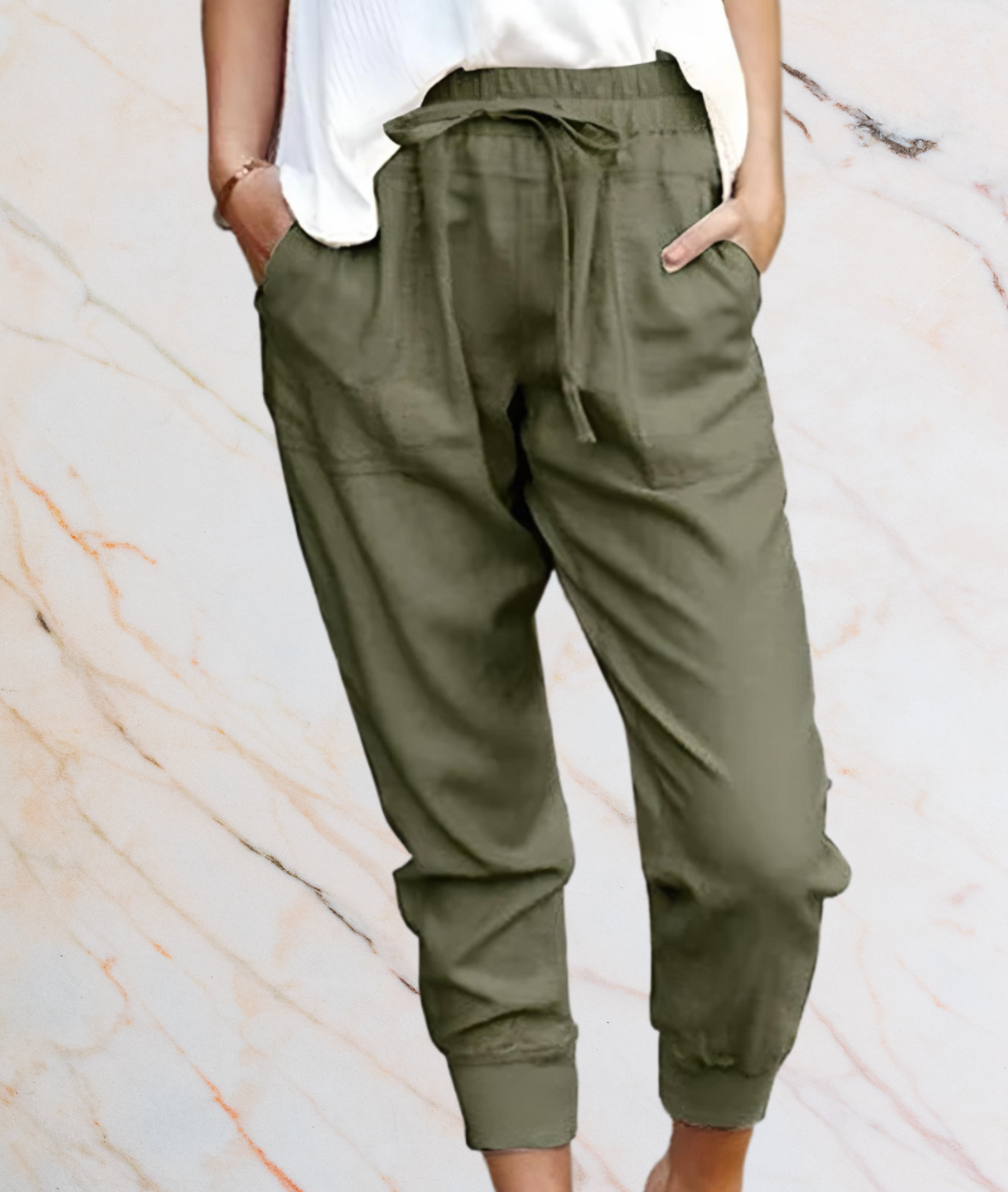 Damenhose aus Leinen in Olivgrün, lässig, mit Kordelzug, ideal für Freizeit und Sommer.