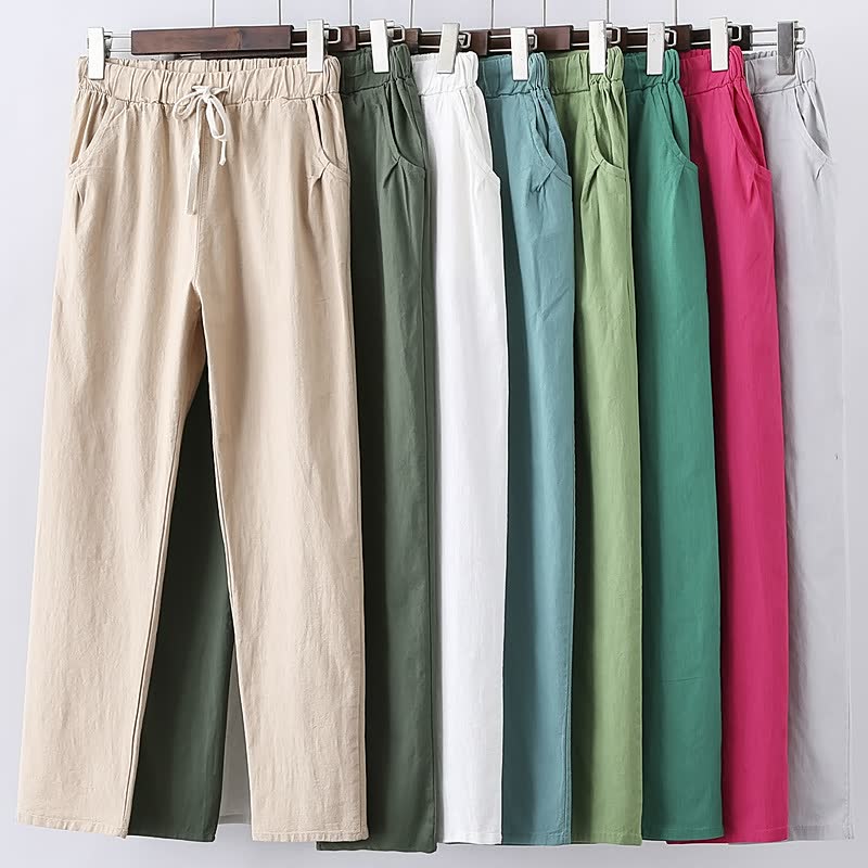 Bequeme Damenhosen aus Baumwolle in verschiedenen Farben, ideal für Freizeit und Alltag.