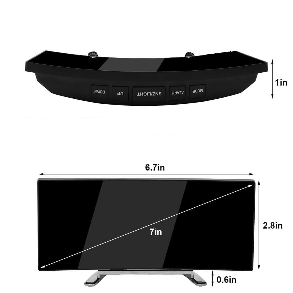 Schwarzer Auto-Rückspiegel mit LED-Anzeige, 7 Zoll, 6,7 Zoll Breite, 2,8 Zoll Höhe, 1 Zoll Dicke.
