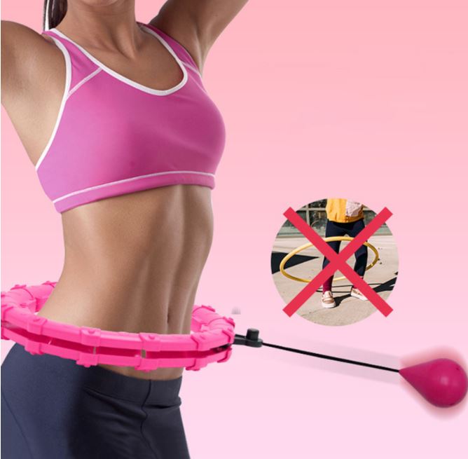 Frau mit pinkem Fitness-Hula-Hoop-Reifen, Sport-BH, Bauchtraining, Heimtraining.